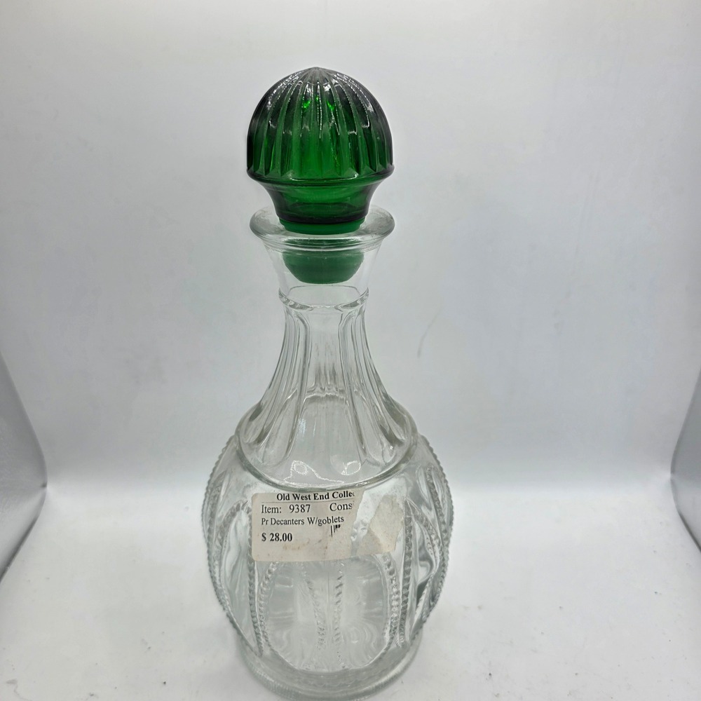 Vintage Avon Clear Pressed Glass Decanter Emerald Green Ribbed Stopper Barware